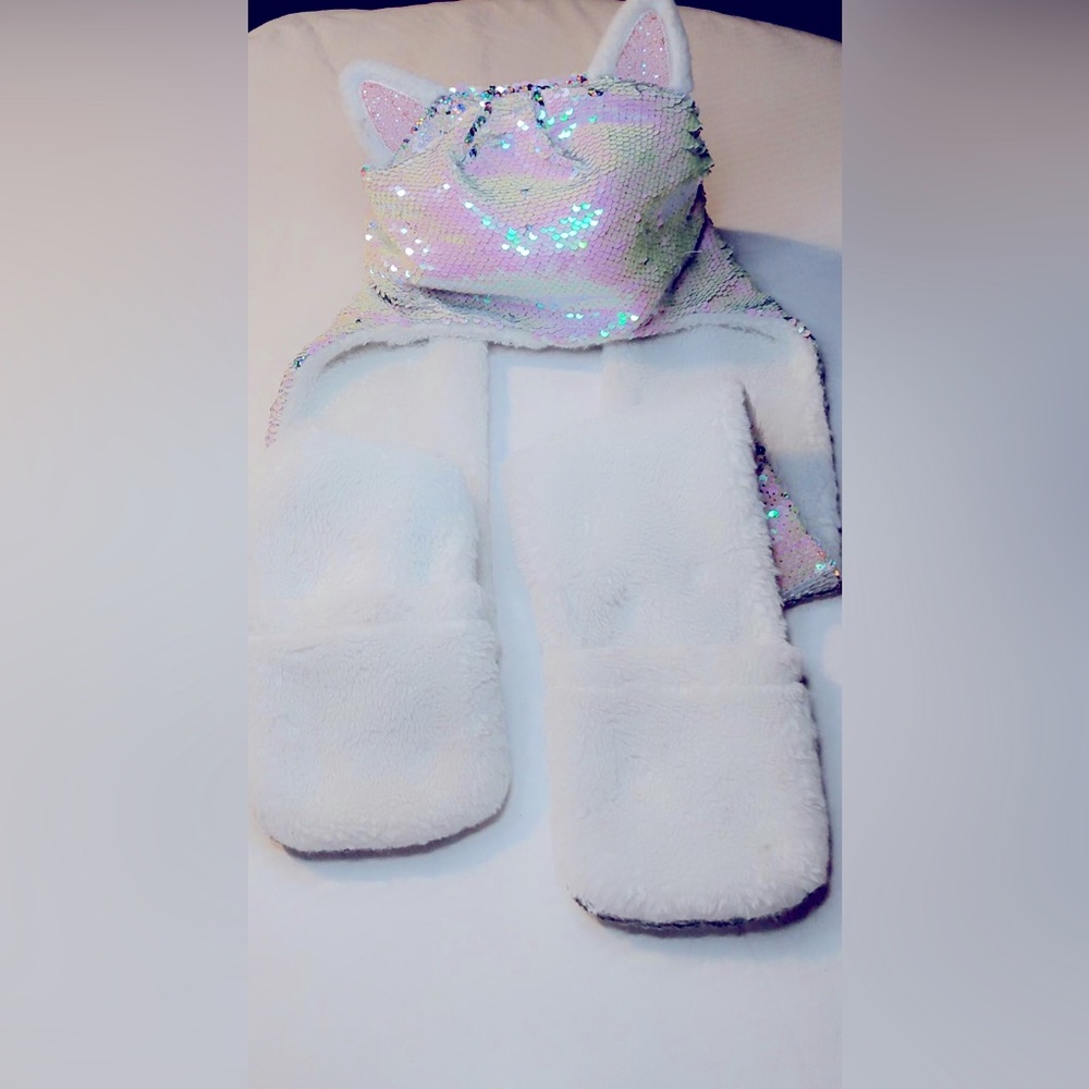 Girls Pastel Sequin Cat All in One Beanie Scarf and Mittens